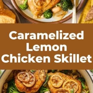 lemon rosemary chicken skillet with broccoli and white beans pin.