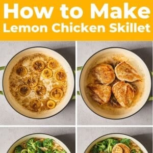 lemon rosemary chicken skillet with broccoli and white beans pin.