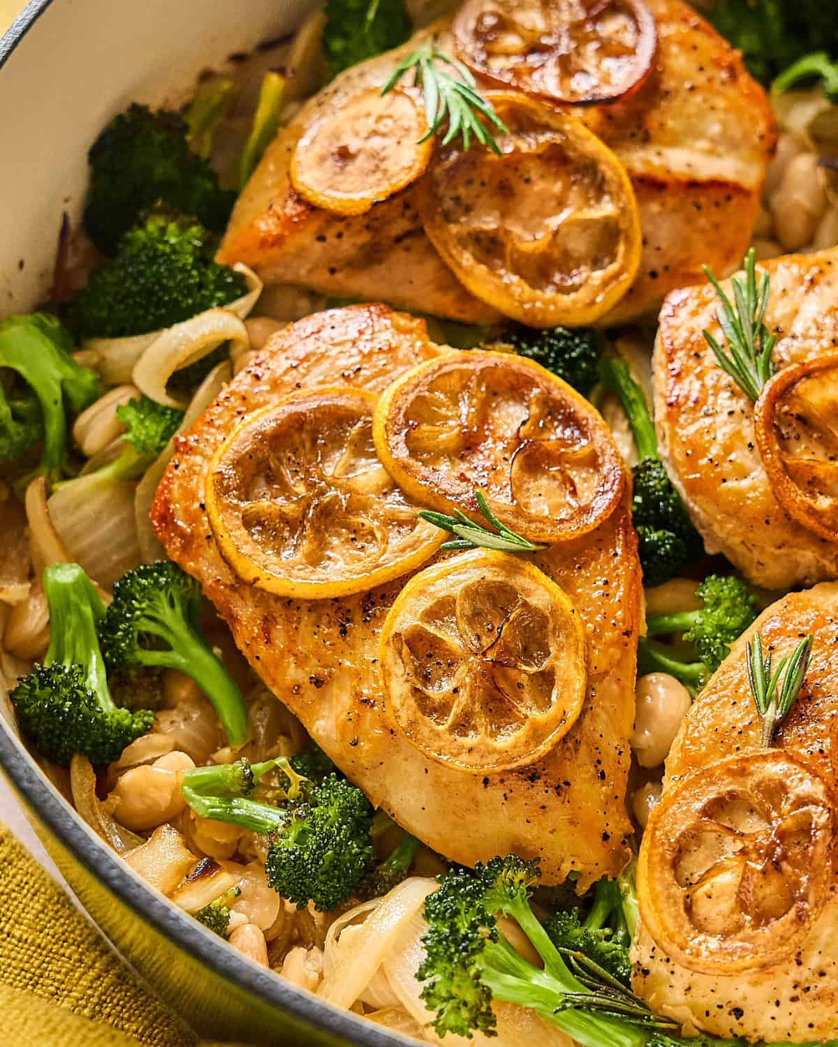 cropped closeup view of roasted chicken breasts topped with lemon slices on a bed of white beans, broccoli, and onions.