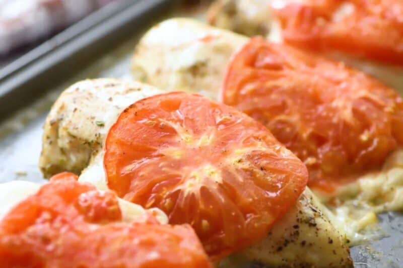 Baked tomato mozzarella chicken.