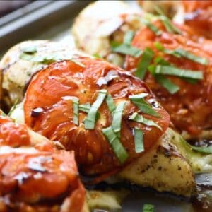 Baked chicken caprese, finished with basil and balsamic.
