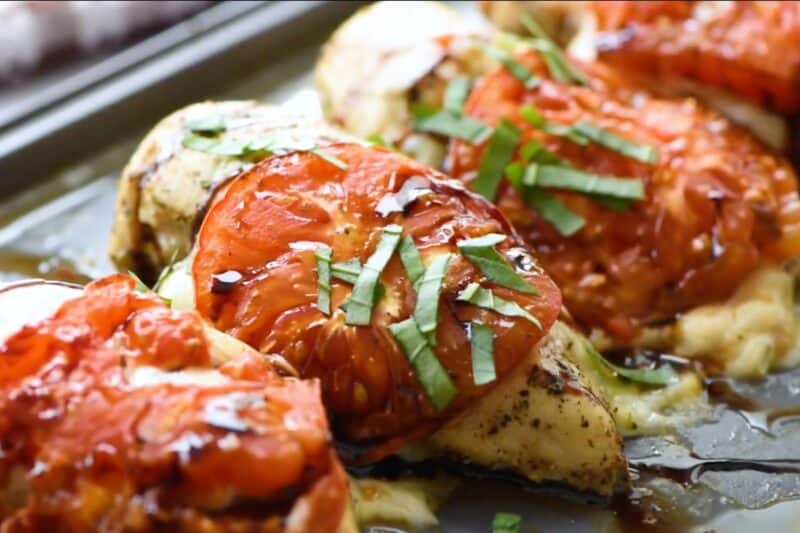 Baked chicken caprese, finished with basil and balsamic.