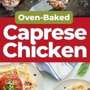 Pin: oven-baked caprese chicken.