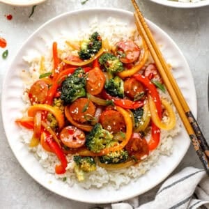 A serving of chicken sausage stir fry.
