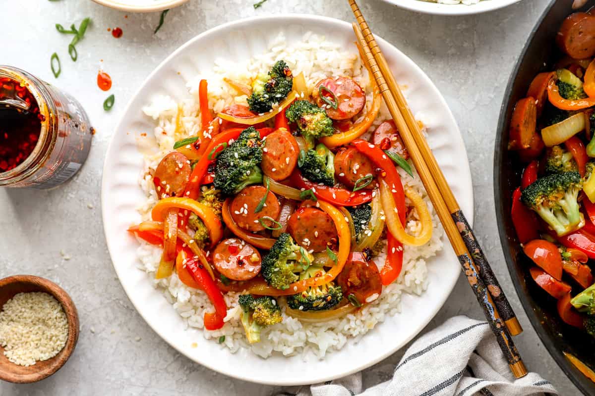 A serving of chicken sausage stir fry.