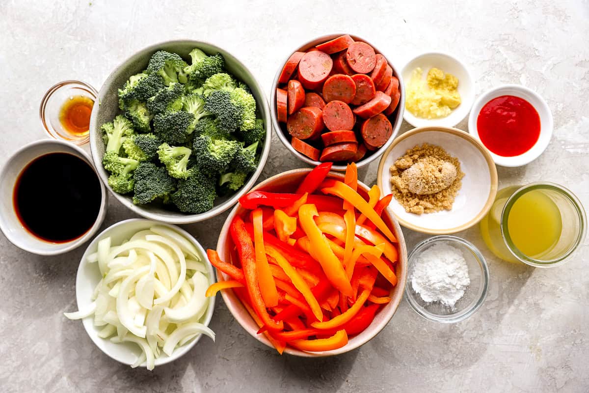 Ingredients for chicken sausage stir fry.