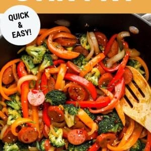 Pinterest graphic. Chicken sausage stir fry with text overlay.