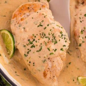 Coconut lime chicken breast in a creamy sauce.
