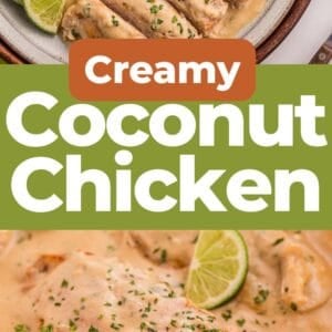 Pinterest graphic. Coconut lime chicken with text overlay.