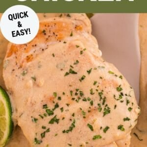 Pinterest graphic. Coconut lime chicken with text overlay.