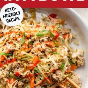 Pinterest graphic. Chicken Egg Roll In A Bowl with text overlay.