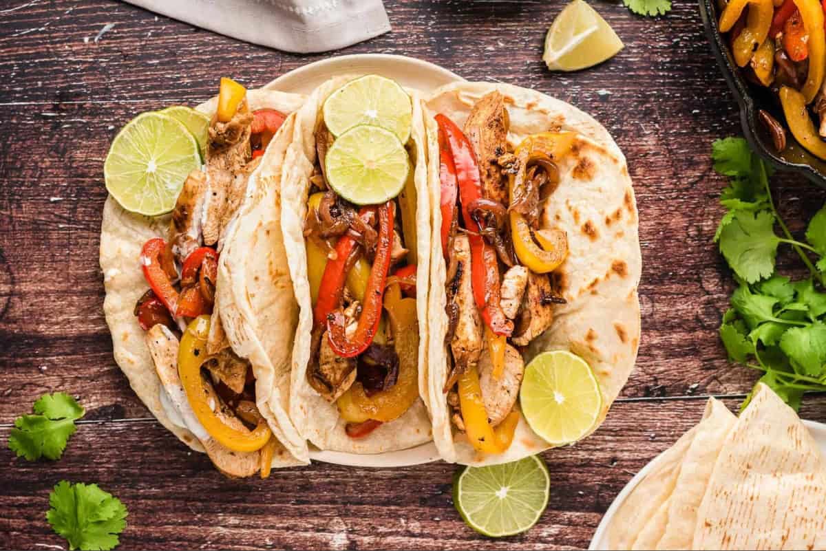 Assembled chicken fajitas.