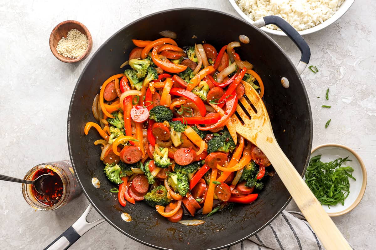 Stir fry cooking in a wok.