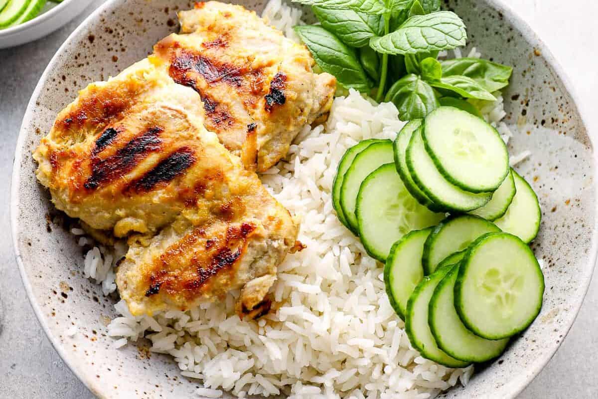 Vietnamese chicken with rice and cucumbers