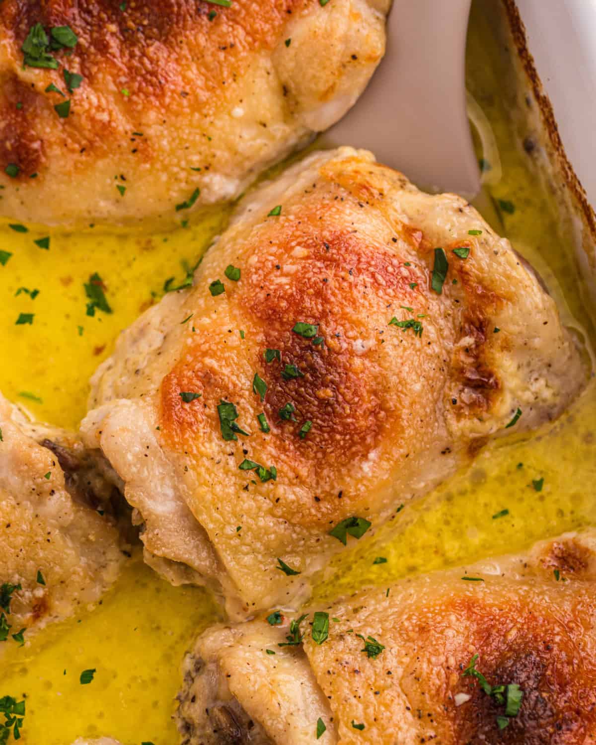 Crispy Amish chicken thighs in a creamy pan gravy.