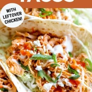 Pinterest graphic. Buffalo chicken tacos with text overlay.