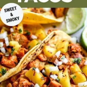 Pinterest graphic. Chicken Al Pastor with text overlay.