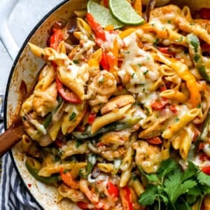 Creamy chicken fajita pasta in a pan.