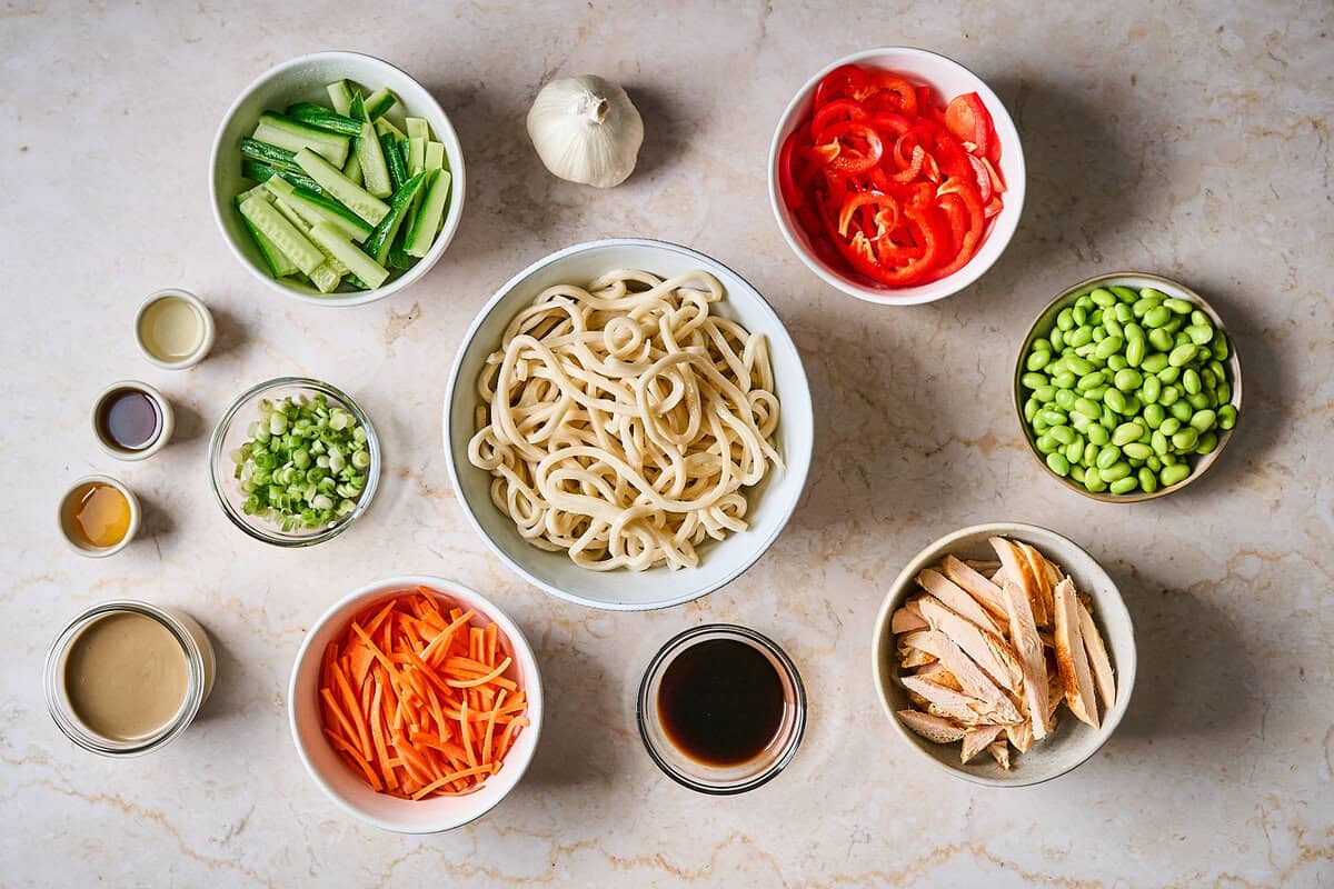 Ingredients for cold sesame chicken noodle salad.