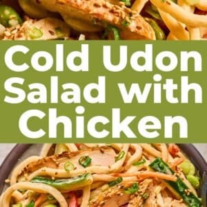 Pinterest graphic. Cold Udon Noodle Salad with text overlay.