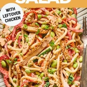 Pinterest graphic. Cold Udon Noodle Salad with text overlay.