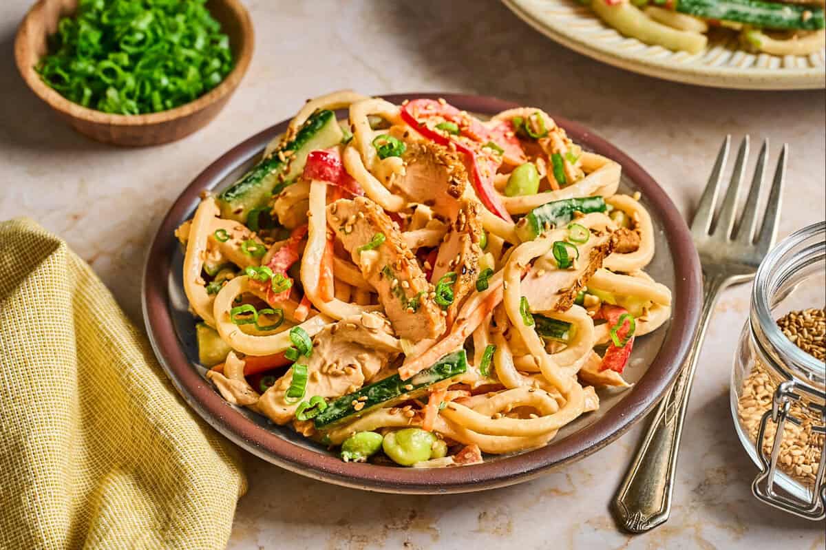 Cold udon noodle chicken salad served on a brown plate with a fork.