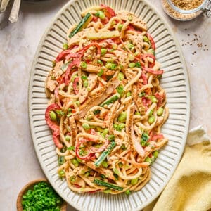 Cold chicken noodle salad served on a large platter.