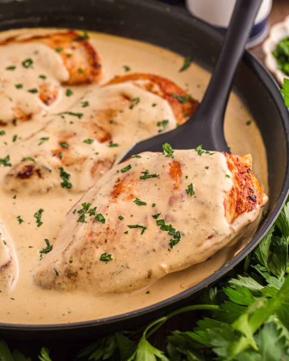 Cream cheese chicken in a pan.