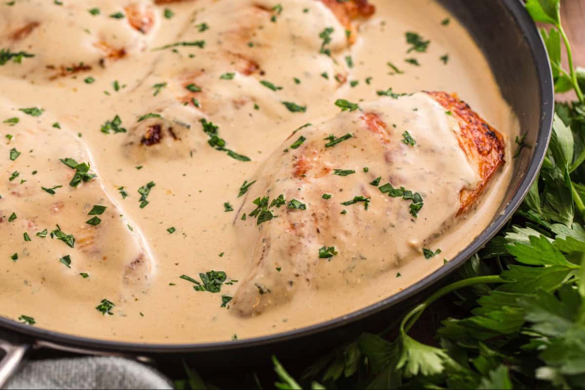 Chicken breasts coated in a thick cream cheese Dijon sauce.
