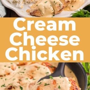 Pinterest graphic. Cream cheese chicken with text overlay.