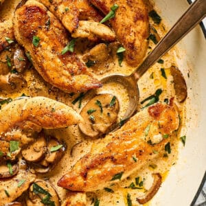 Chicken tenders in a skillet with a creamy tarragon sauce with mushrooms.