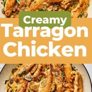 Pinterest graphic. Creamy tarragon chicken with text overlay.