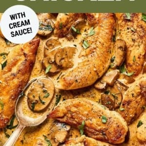 Pinterest graphic. Creamy tarragon chicken with text overlay.