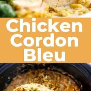 Pinterest graphic. Crockpot Chicken Cordon Bleu with text overlay.