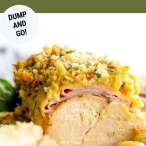 Pinterest graphic. Crockpot Chicken Cordon Bleu with text overlay.