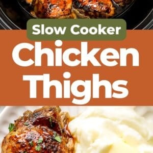Pinterest graphic. Crockpot chicken thighs with text overlay.