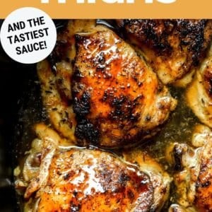 Pinterest graphic. Crockpot chicken thighs with text overlay.