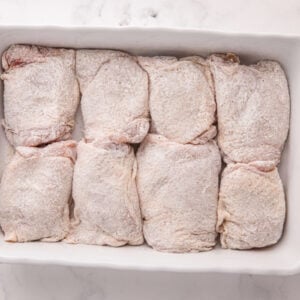 Coasted chicken in a baking dish.