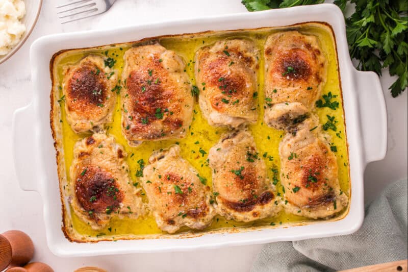 Baked Amish chicken ready to serve.