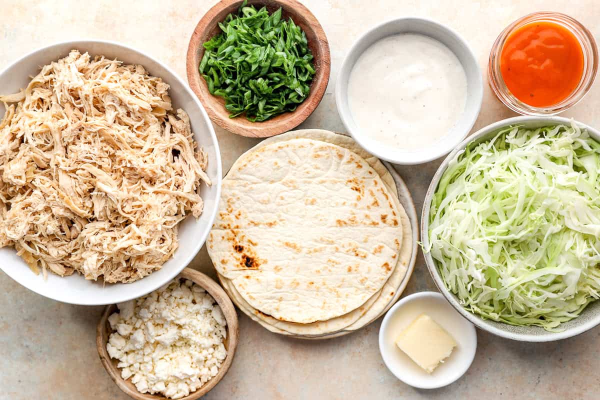 Ingredients for buffalo chicken tacos.