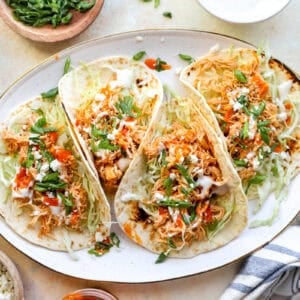 Four buffalo chicken tacos on a white serving plate.