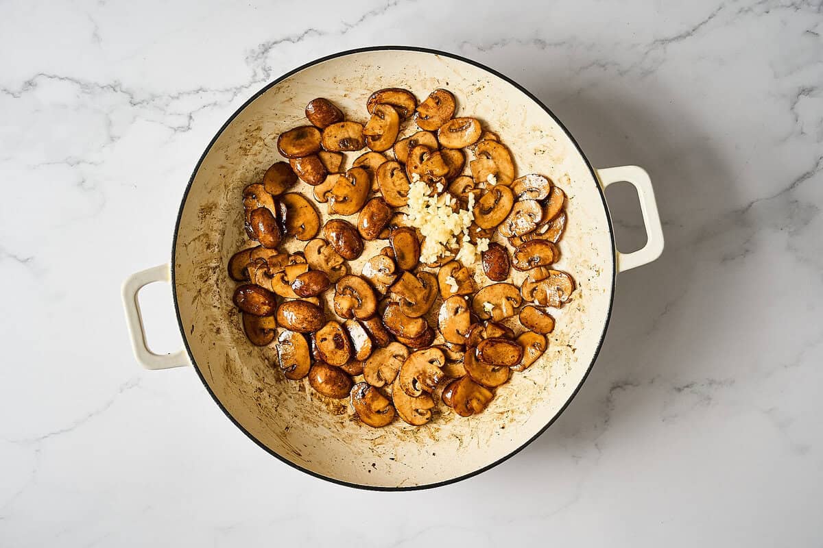 Browned mushrooms in a skillet.