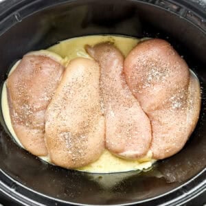 Soup mix and chicken breasts in the slow cooker.
