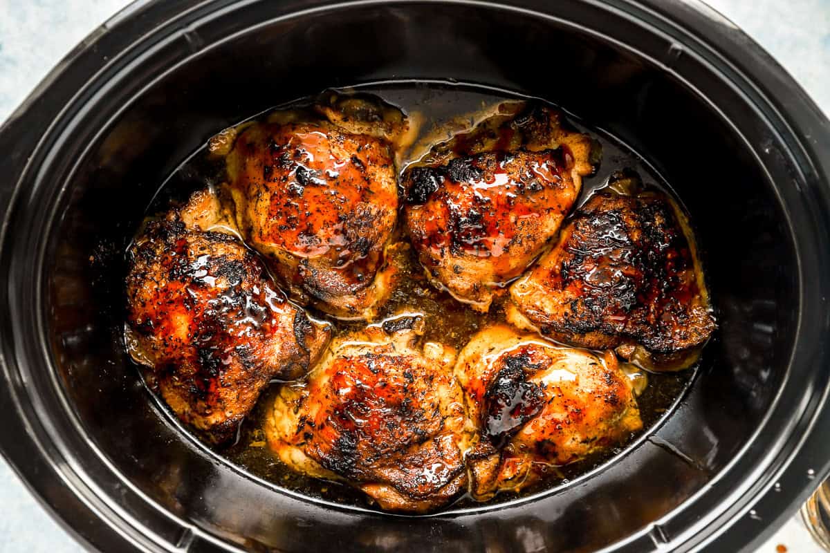 Crockpot chicken thighs with sauce.