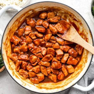 Chicken pieces in a thick sauce.