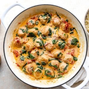 Marry Me Chicken meatballs in a skillet.