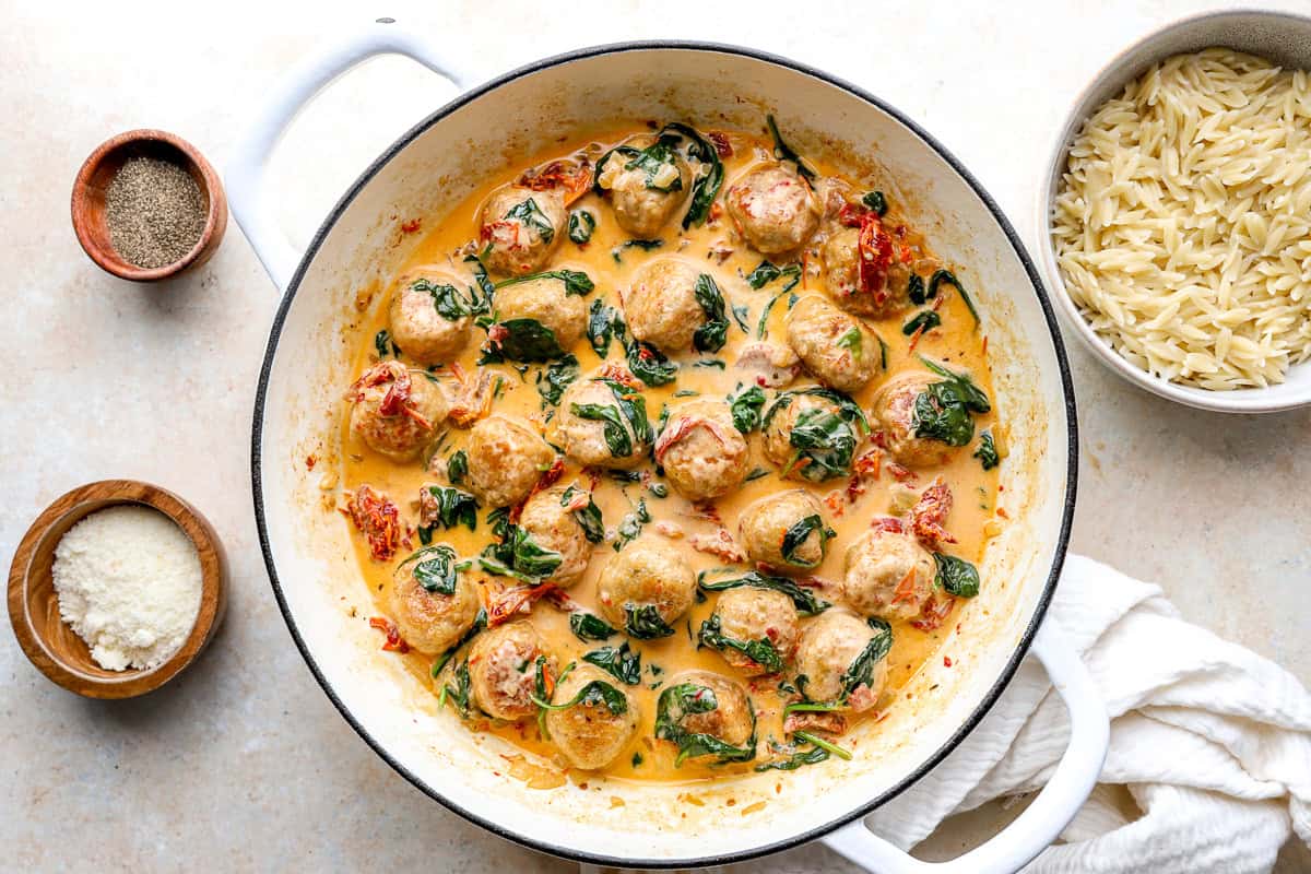 Finished marry me chicken meatballs in creamy sauce.