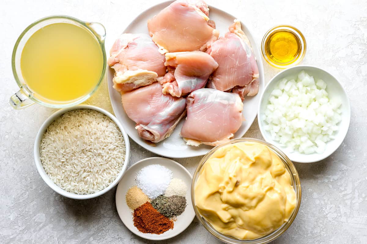 Ingredients for baked chicken and rice casserole.