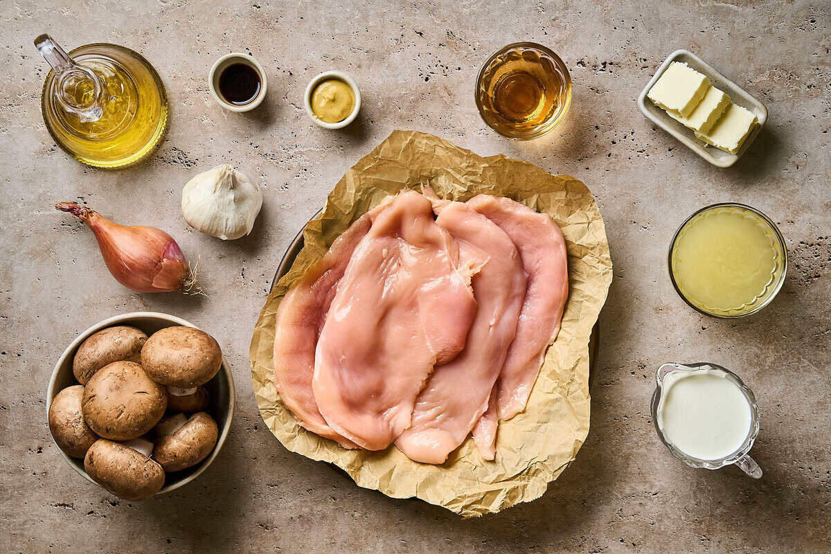 Ingredients for chicken Diane, featuring chicken cutlets, kosher salt, black pepper, olive oil, unsalted butter, cremini mushrooms, brandy, shallot, garlic, chicken broth, Dijon mustard, Worcestershire sauce, and heavy cream.