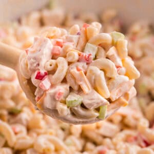 Close-up of a scoop of chicken macaroni salad.